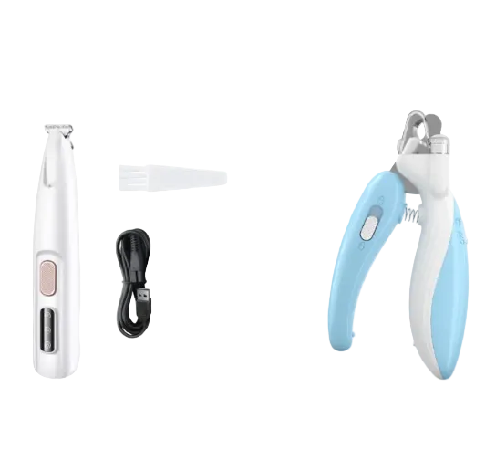 Set of pet grooming tools including a nail clipper, trimmer, and black clip on a white background.